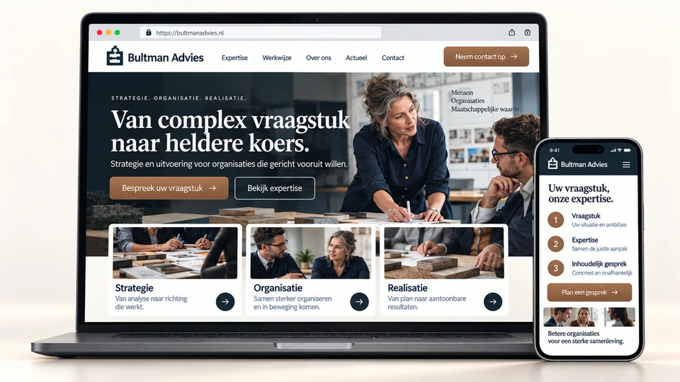 Ontwerprichting Bultman Advies, zakelijk advies: conceptbeeld met de hero en de expertisekaarten strategie, organisatie en realisatie.